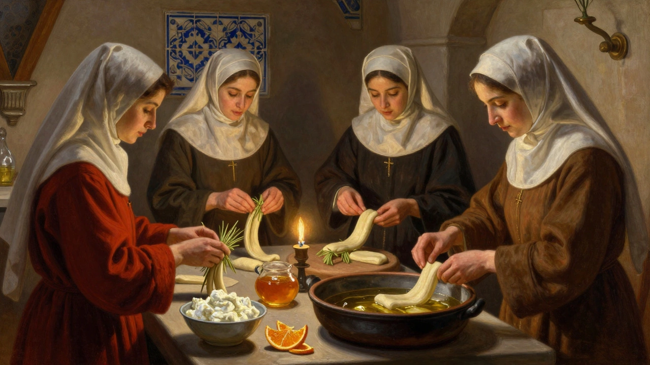 Nuns in a medieval convent preparing cannoli dough with reeds and ricotta by candlelight.