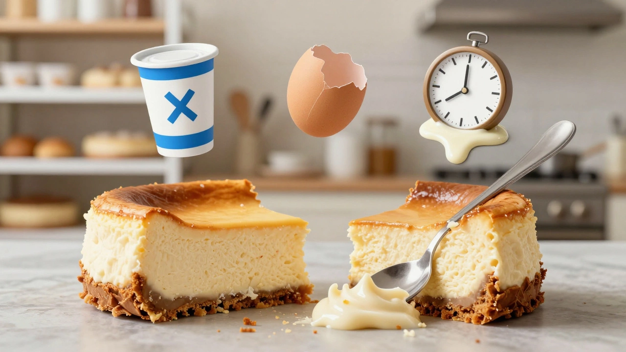 Perfect cheesecake beside a ruined version, with symbolic icons of imbalance.