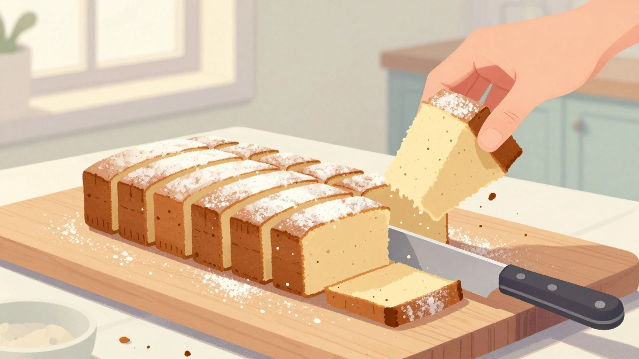 Sheet cake being cut into 1x2-inch rectangular slices with a long knife.