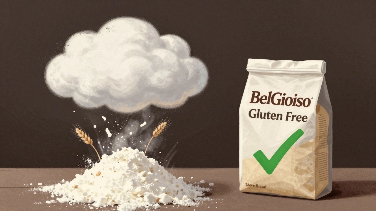 Shredded cheese with wheat particles vs. certified gluten-free mozzarella bag.