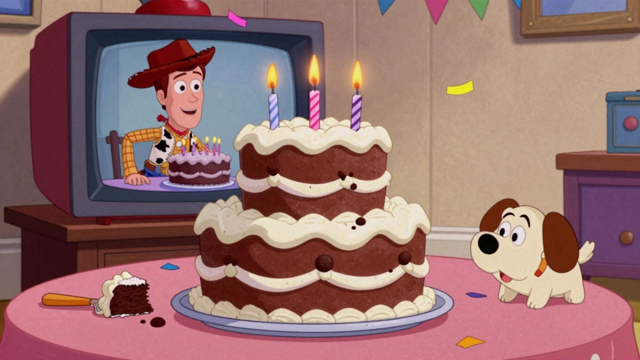 1980s cartoon birthday party with a chocolate cake and Toy Story TV screen in background.