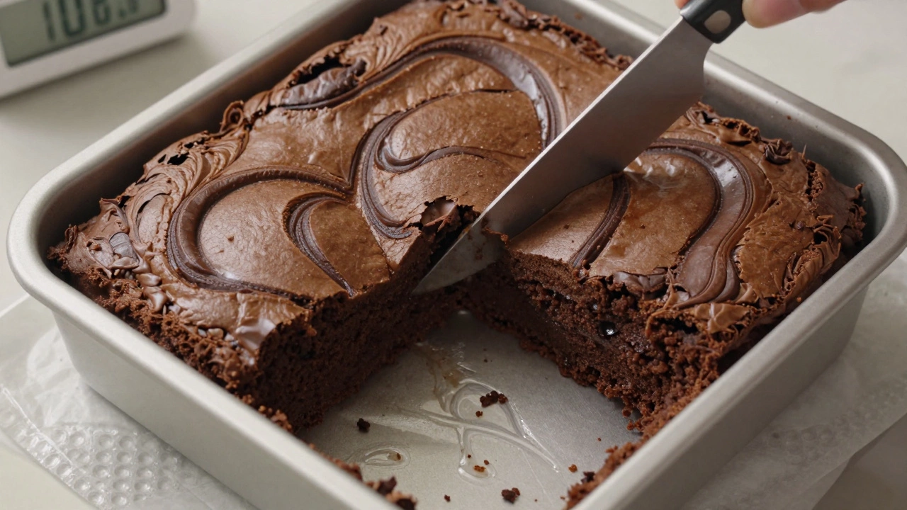 A clean slice of fudgy brownie being cut with a hot knife, revealing a dense, glossy interior.