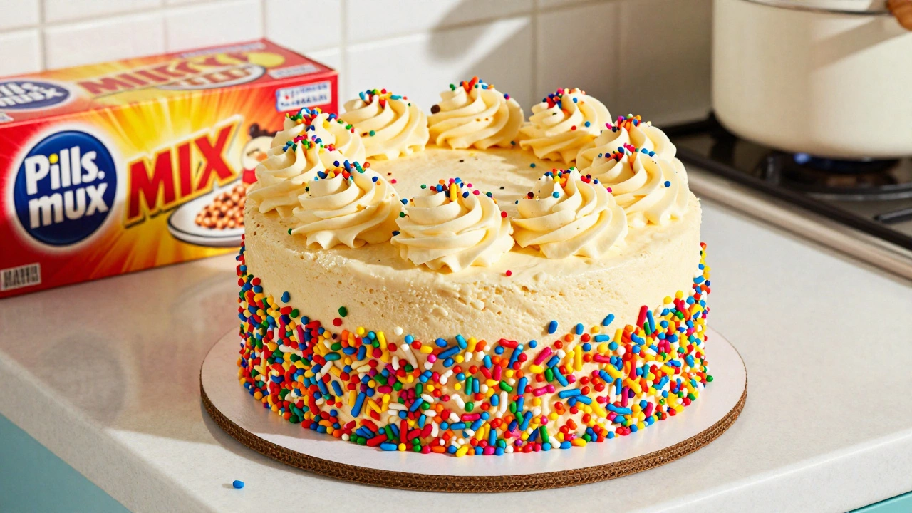 A colorful Funfetti cake with rainbow sprinkles and swirl frosting on a retro kitchen counter.