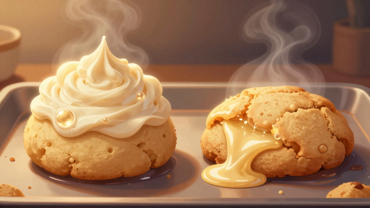 A cookie dough ball transforming in the oven: one rises perfectly, the other collapses into a greasy disc.