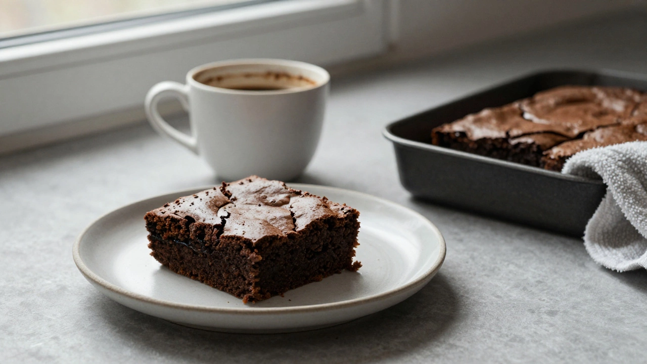 A slice of overnight-cooled brownie on a plate beside a coffee cup in soft morning light.