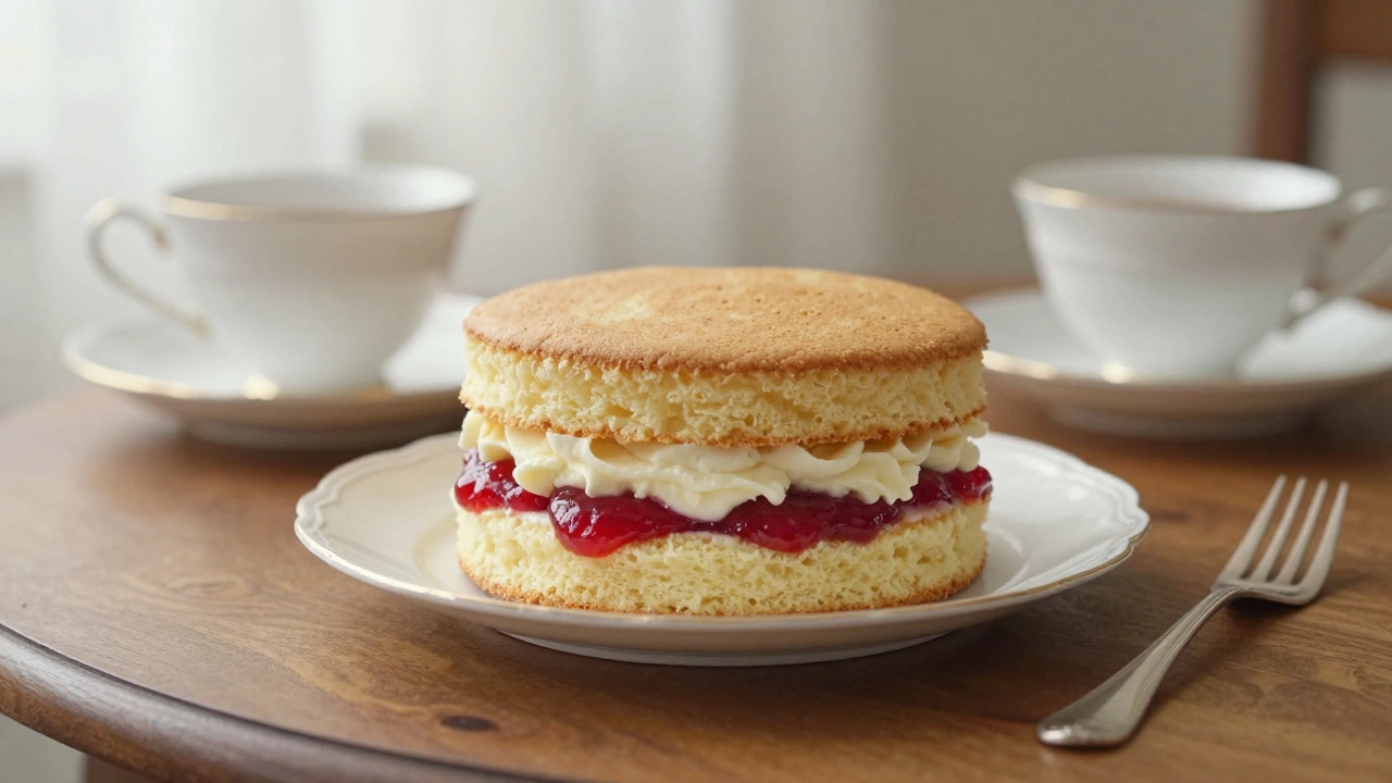 A Victoria sponge cake with jam and cream on a tea table, accompanied by a teacup and fork in soft afternoon light.