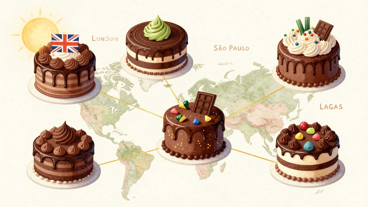 Floating chocolate cakes from five countries connected by chocolate drizzle over a world map.
