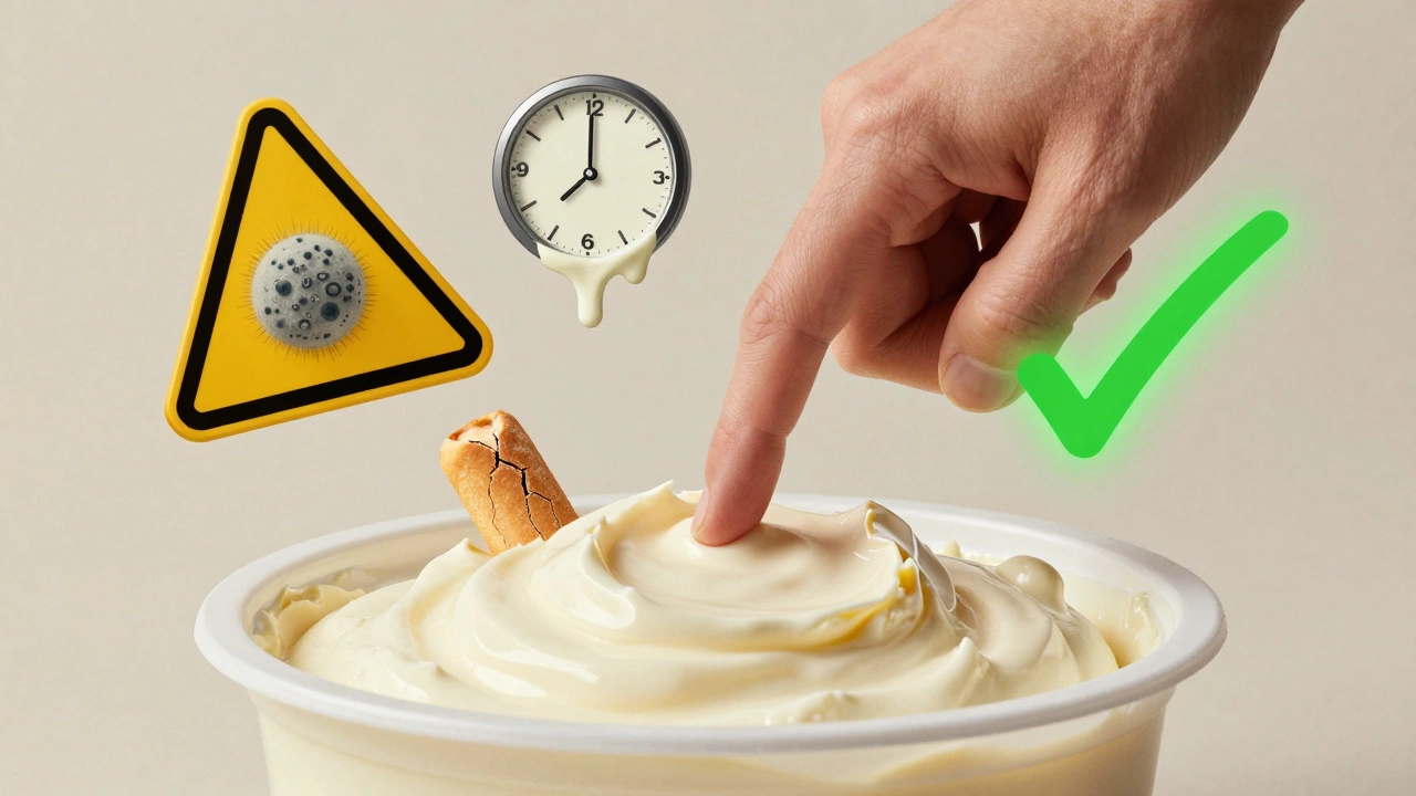 Hand hovering over mascarpone with symbolic warnings of spoilage and safety choices.