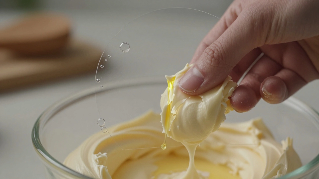 Hand testing butter-sugar texture with microscopic air bubbles collapsing due to overmixing.