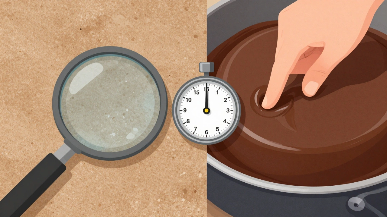 Side-by-side comparison of grainy versus smooth fudge textures, with a cooling pan and timer in between.