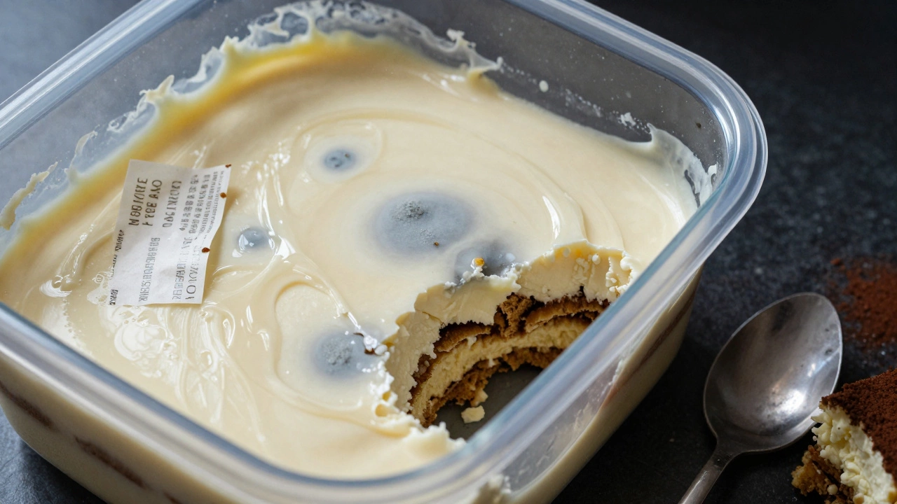 Spoiled mascarpone with gray mold and liquid separation in a tub, under harsh kitchen light.