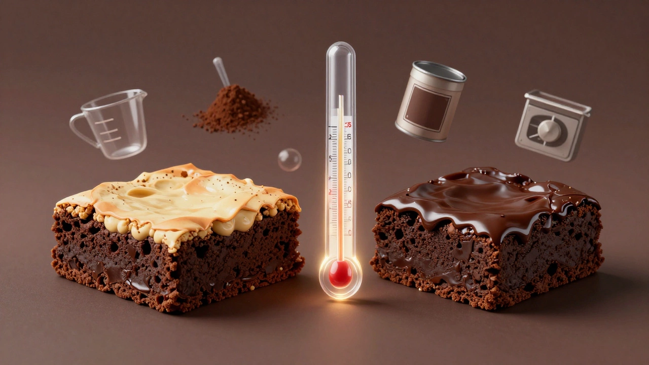 Two brownie slices side by side, connected by a thermometer showing perfect internal temperature, with baking tools floating around.