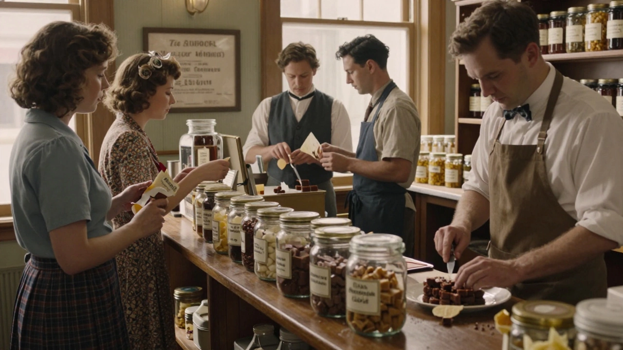 Vintage candy shop counter displaying homemade fudge in decorative tins.