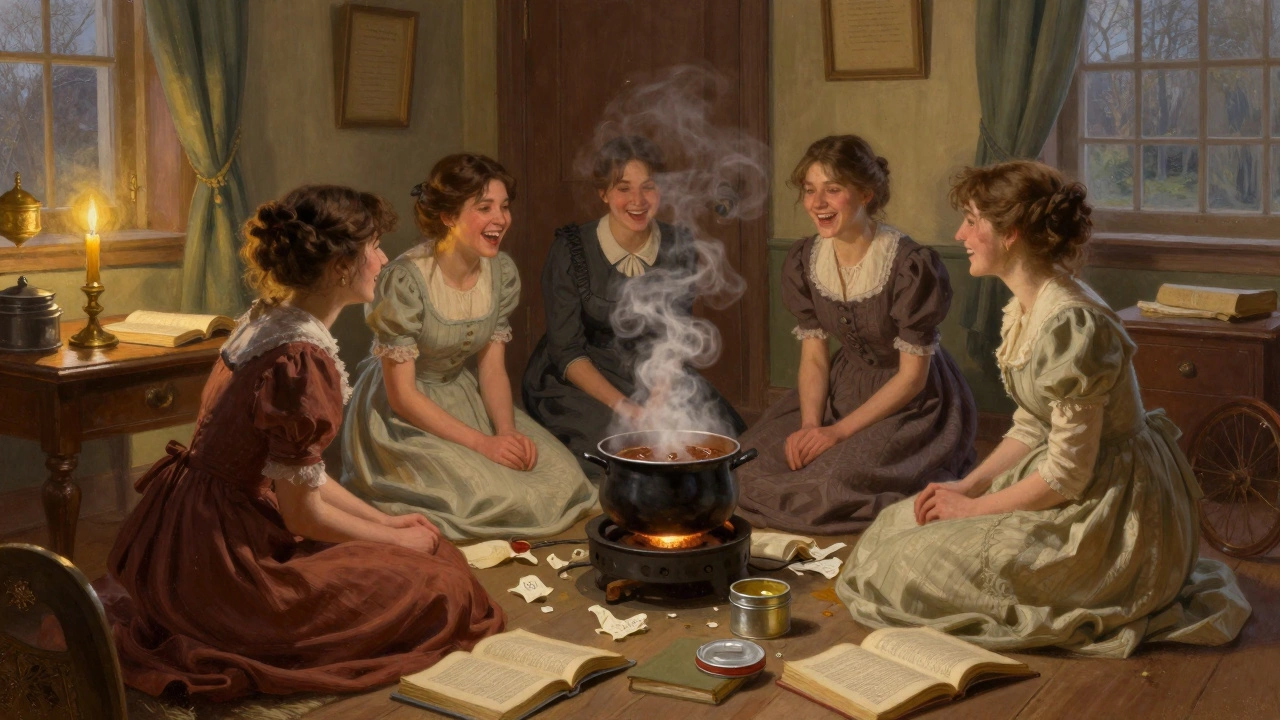 Young women in 1890s dorm room making fudge together around a hot plate.