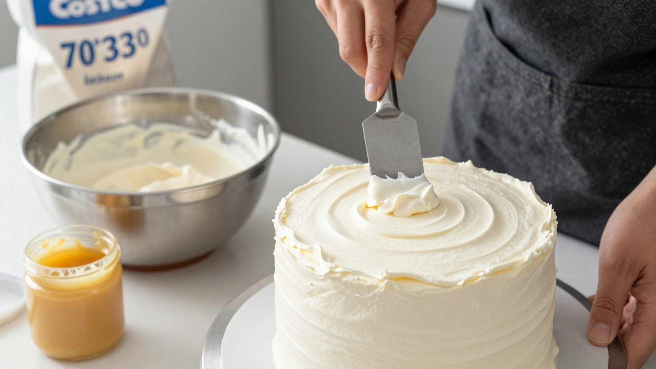 A baker applying smooth frosting to a cake with vanilla bean paste and specialty flour nearby.