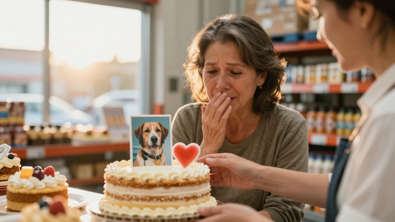 A customer gently touching a photo cake with her late dog's image, a heart drawn beside it in icing.
