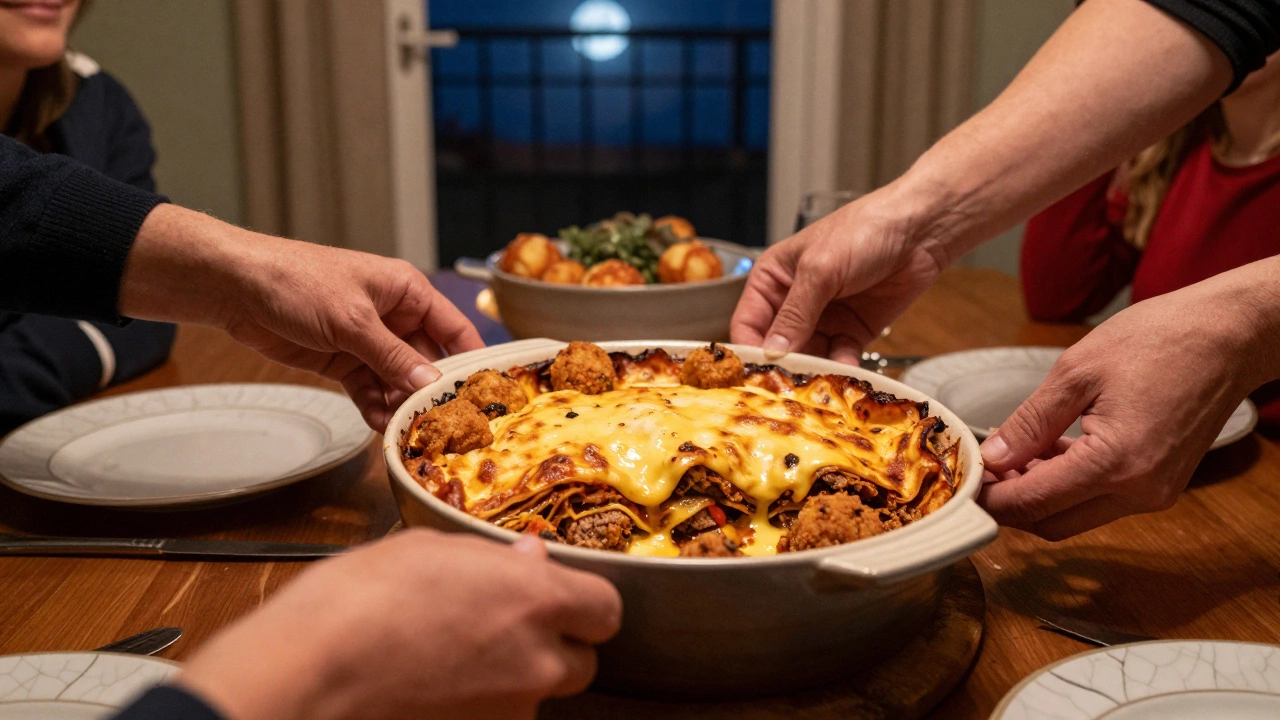 A family serving homemade lasagna with béchamel and meatballs during a Christmas dinner.