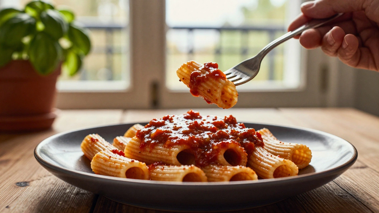 A fork rolling rigatoni with rich ragù against a ceramic plate, highlighting texture and sauce adherence.