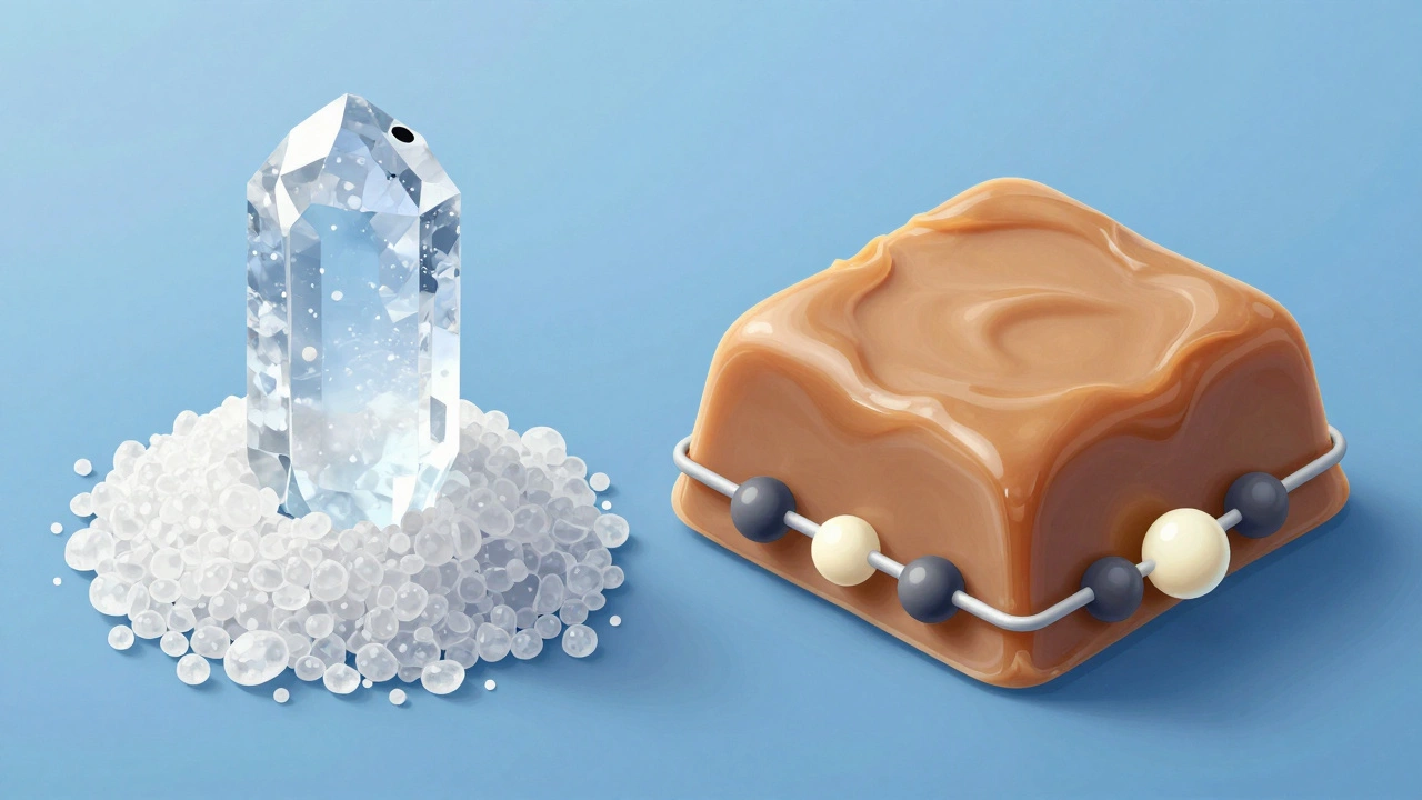 A grainy sugar crystal formation contrasted with a smooth fudge square, molecular shields blocking crystallization.