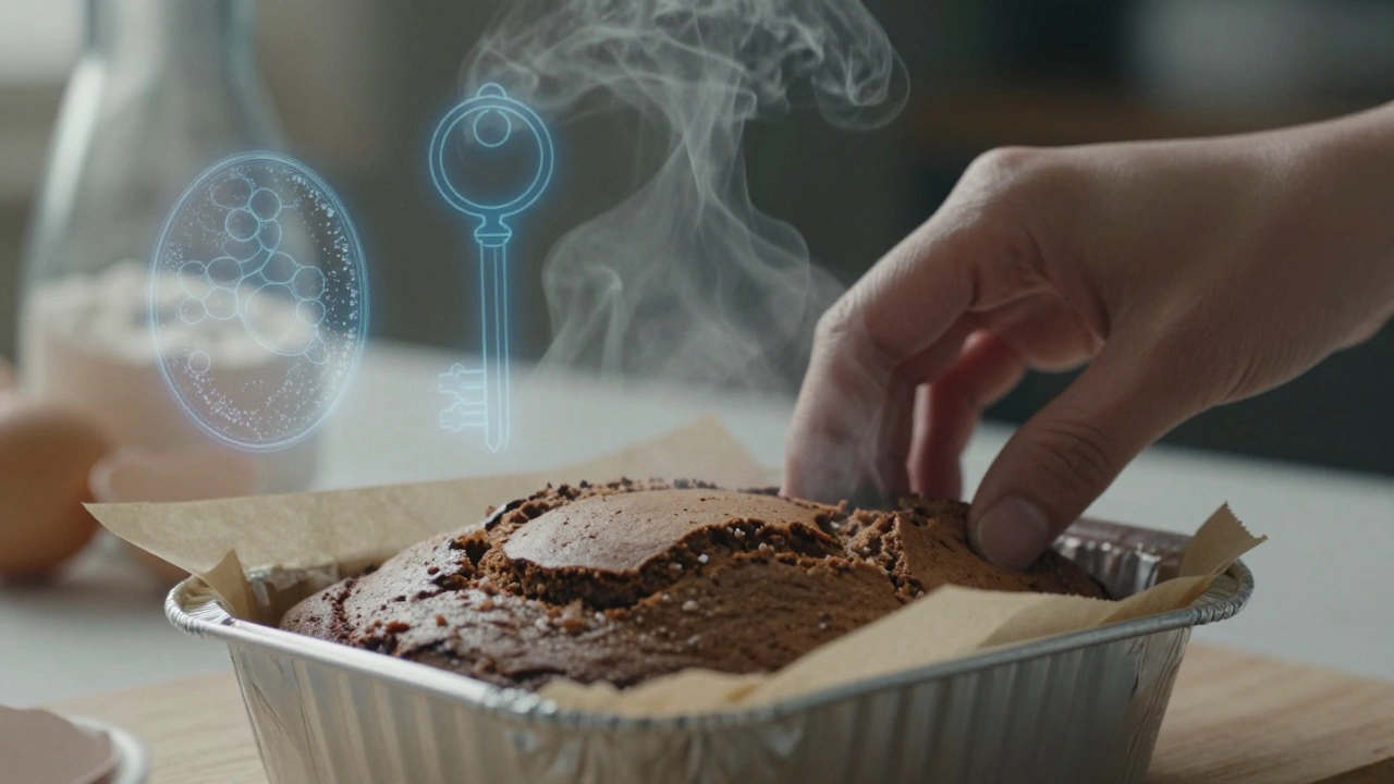 A warm brownie being lifted from a pan, with steam rising and faint ingredient overlays.