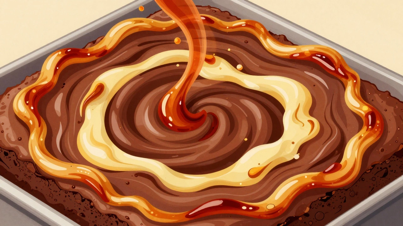 Artistic depiction of caramelization and Maillard reactions in a baking brownie.