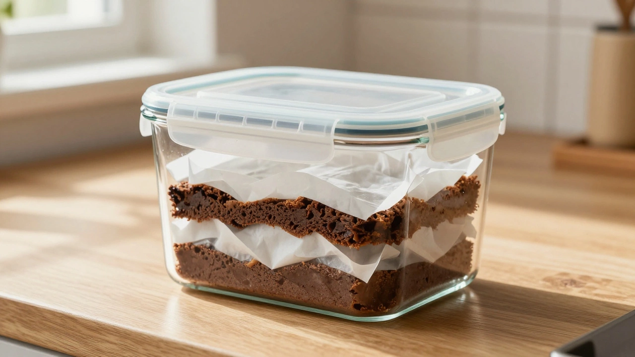Brownies stacked in airtight glass container with parchment separator