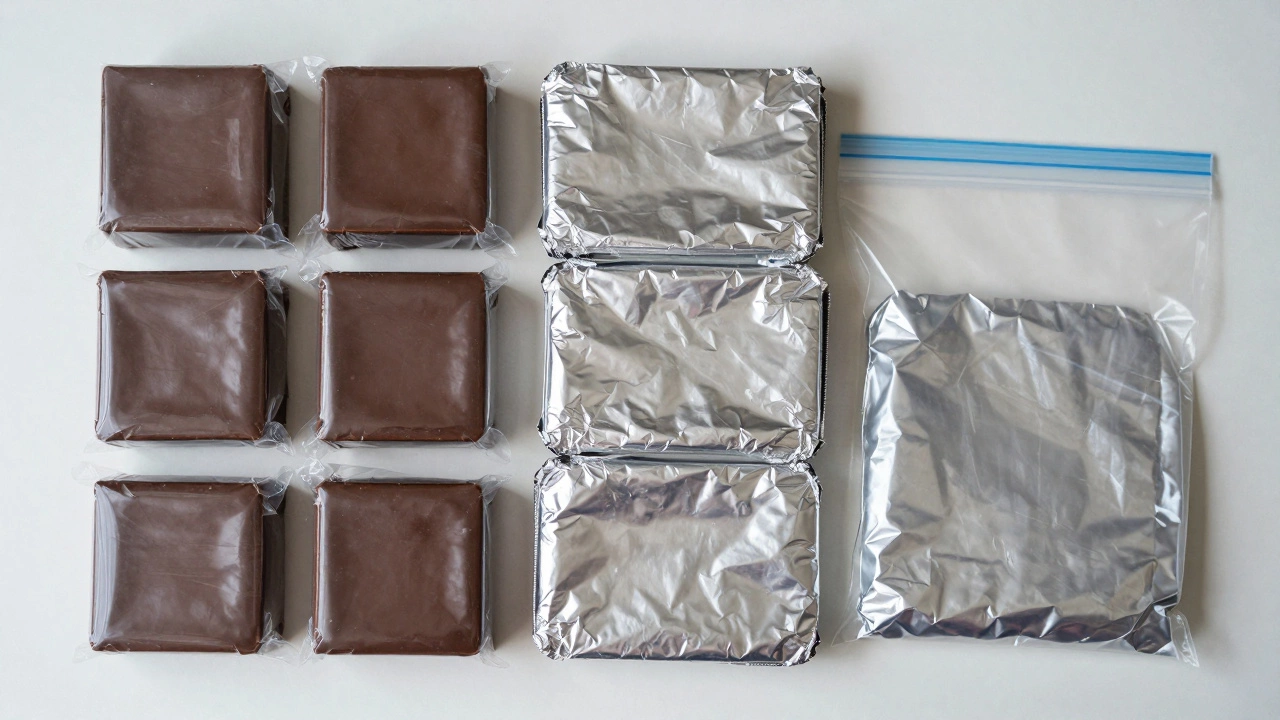 Brownies wrapped in plastic and foil ready for freezer storage