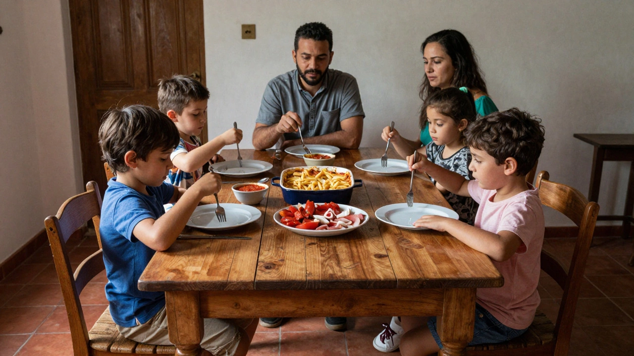 Children learning to eat pasta with forks at a family table, no spoons, in a warm southern Italian home.