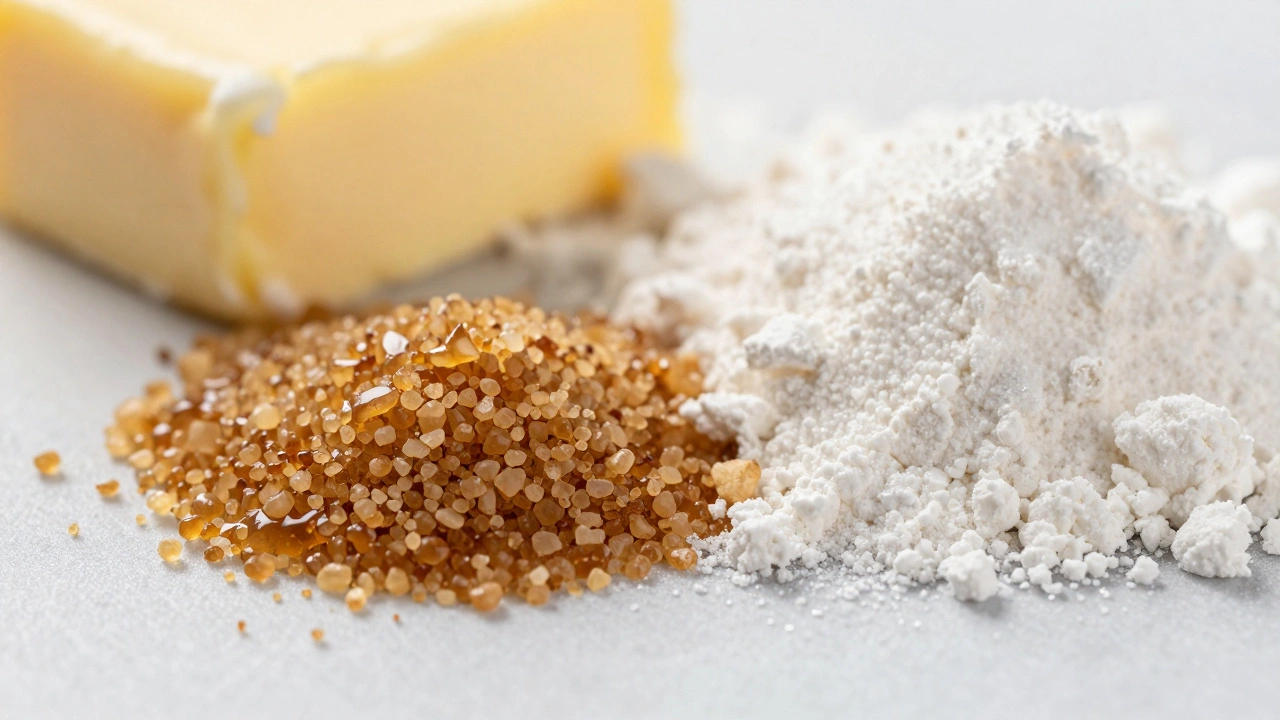 Close-up of baking ingredients including sugar, butter, and flour.