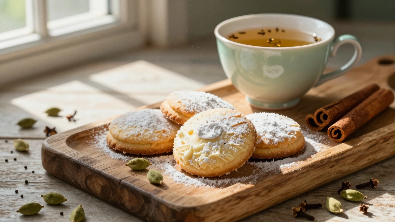 Cream cheese cookies surrounded by cardamom pods and a cup of tea.