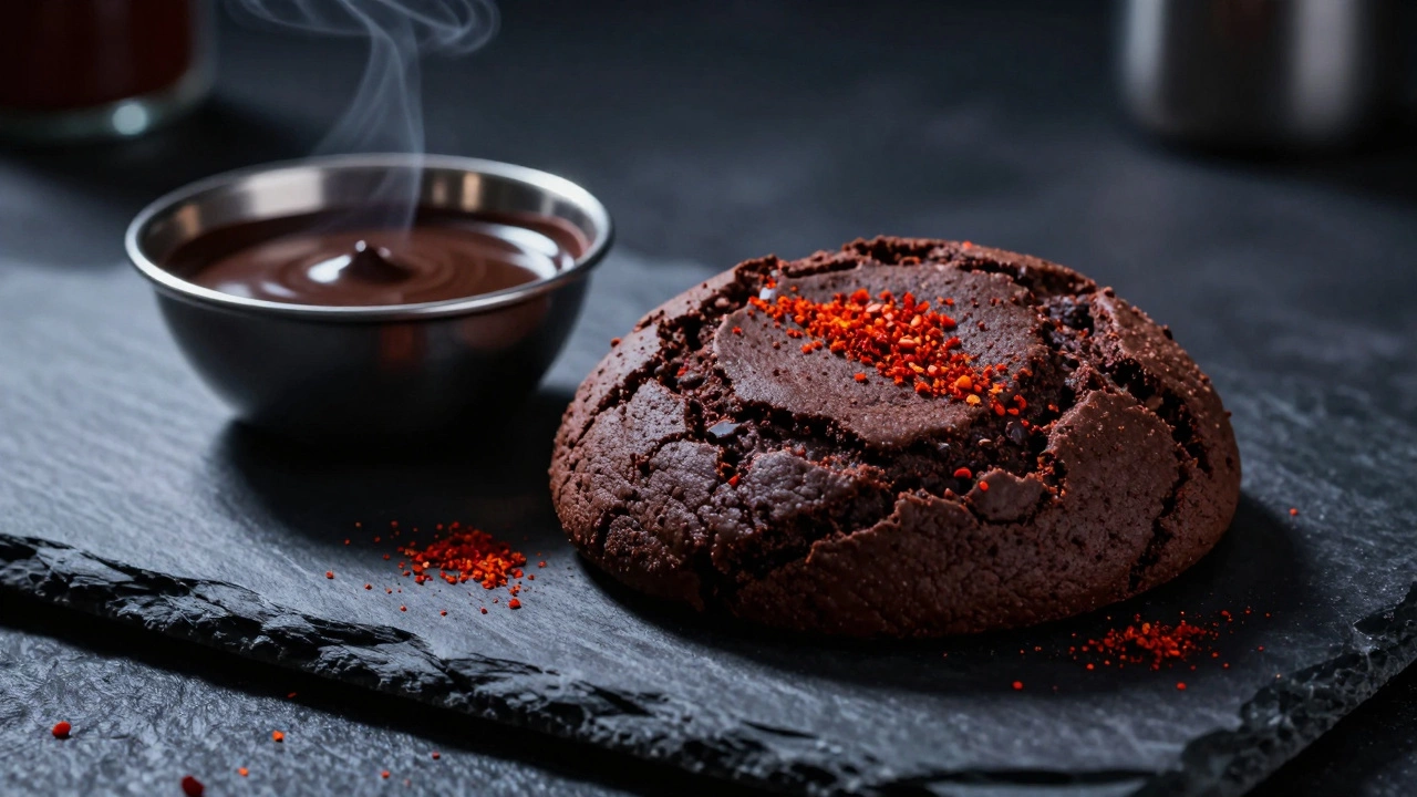 Dark chocolate cookie topped with red cayenne pepper speckles on slate.