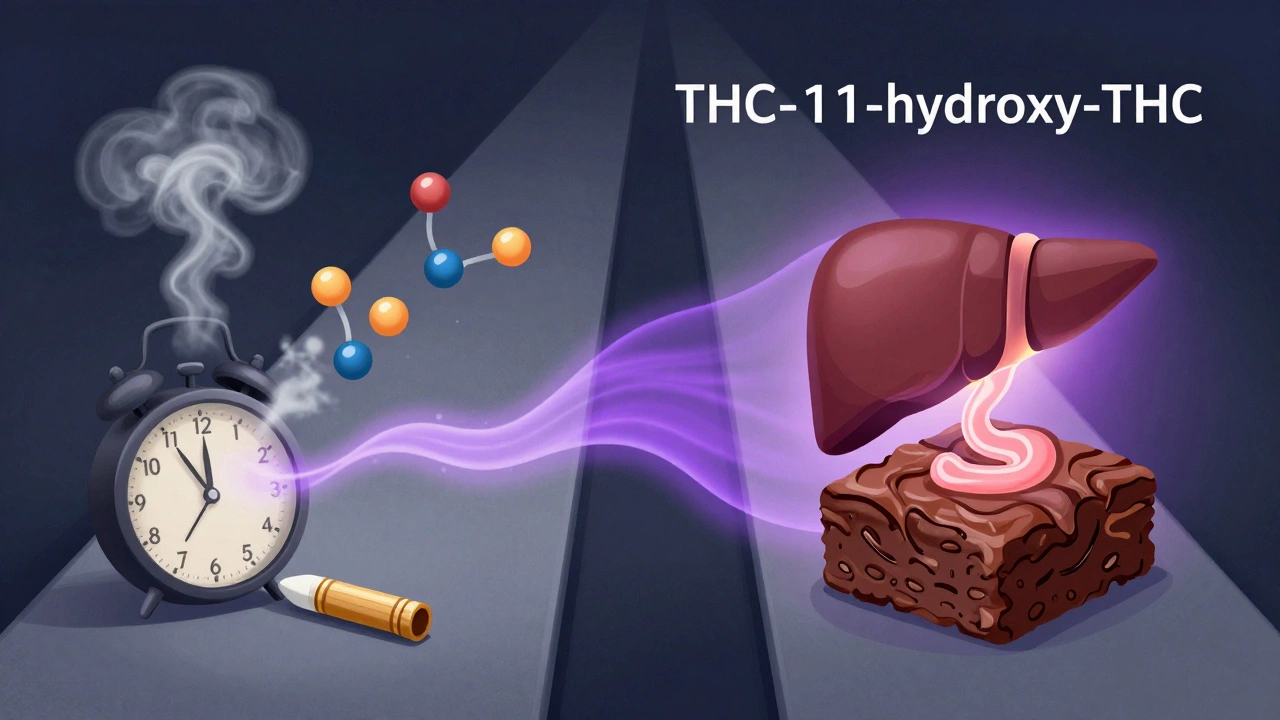 Dual pathway illustration: joint smoke rushing to brain vs. brownie metabolizing into a stronger compound in the liver.