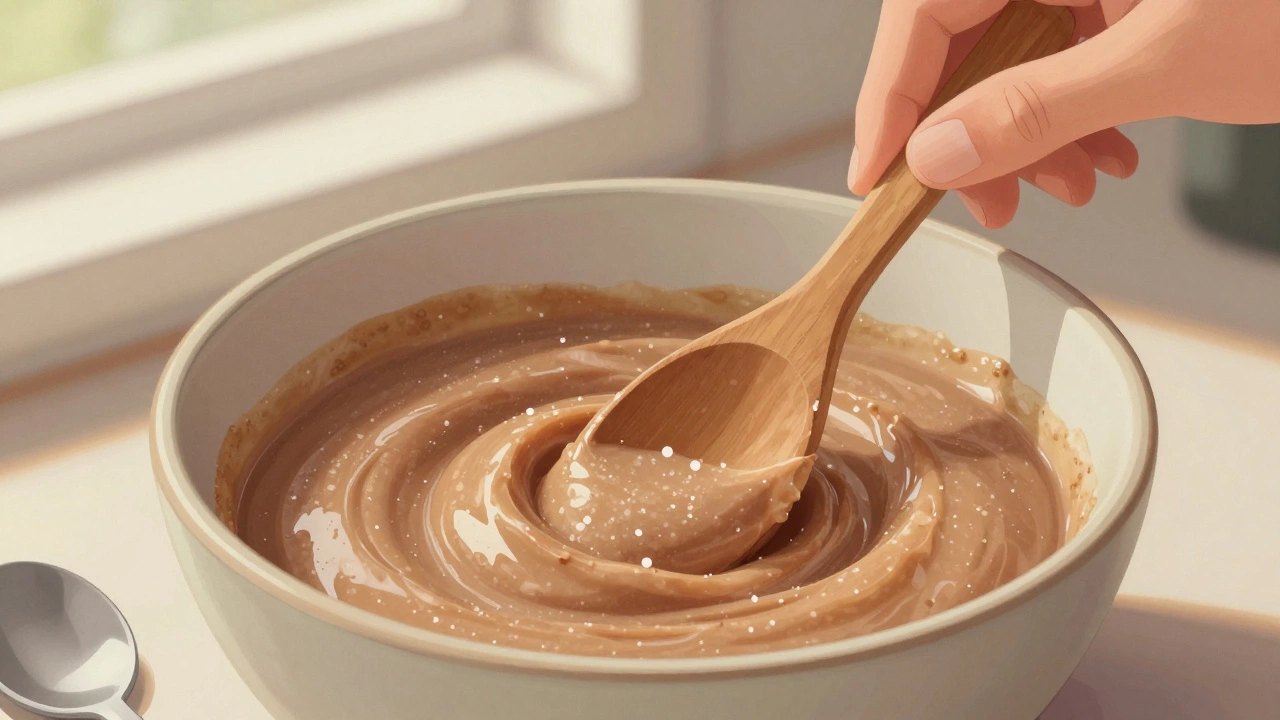 Hand stirring cooled fudge mixture as it thickens, creamy and smooth, with a clean spoon resting beside it.