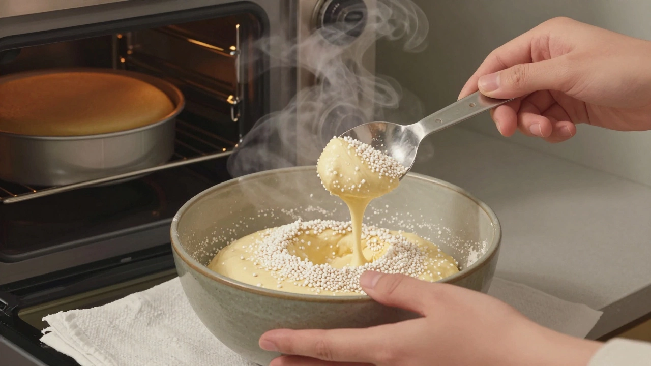 Hands mixing a gluten-free batter with rice, tapioca, and potato starch, steam rising from a nearby oven.