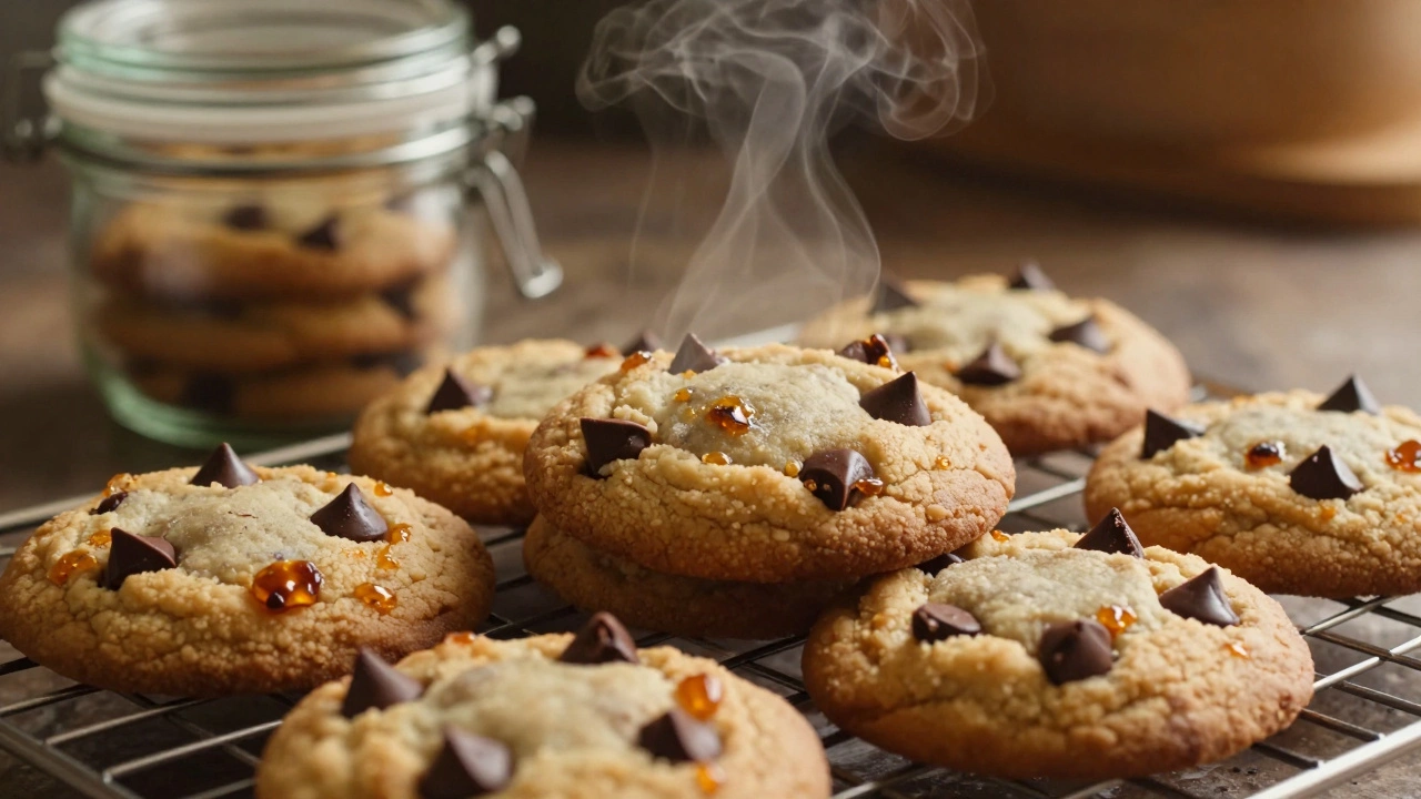 Stack of fresh chocolate chip cookies on a wire cooling rack.