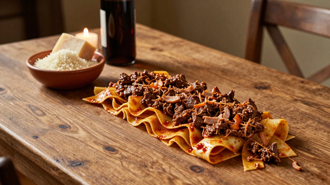 Tagliatelle with rich ragù served at a traditional Emilia-Romagna Sunday lunch.