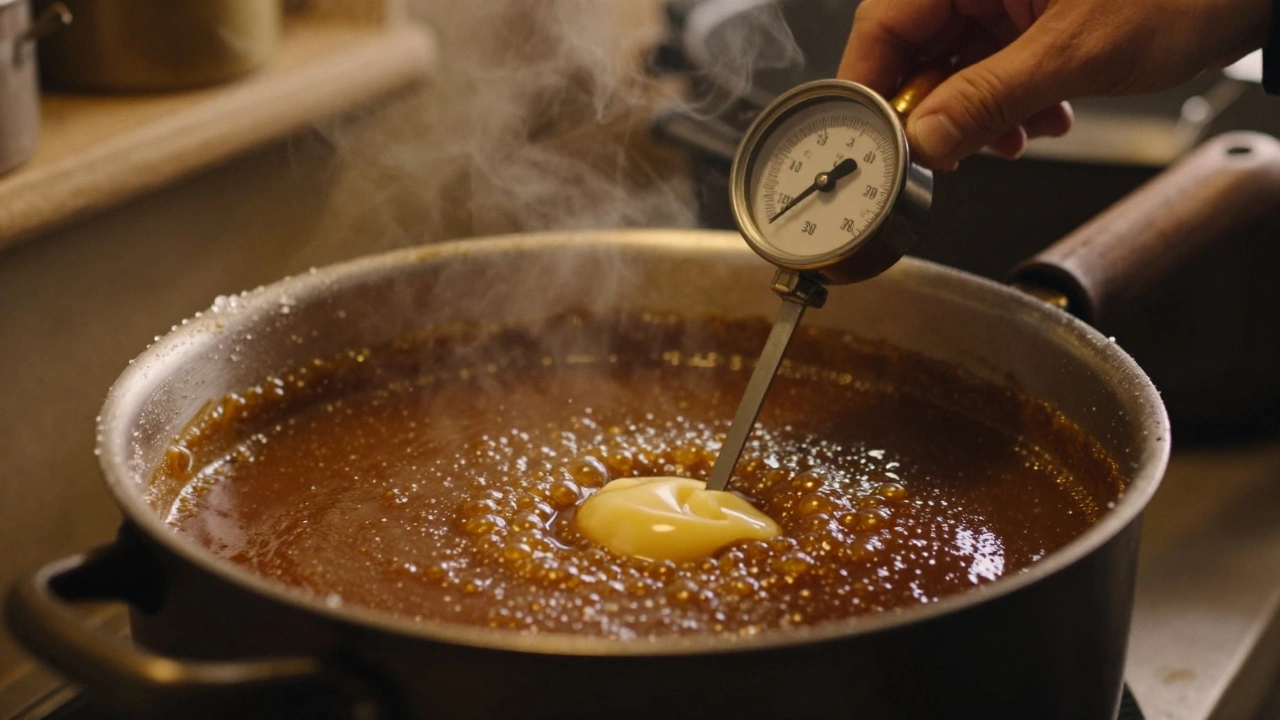 A candy thermometer in a pot of simmering brown sugar and butter for traditional fudge.