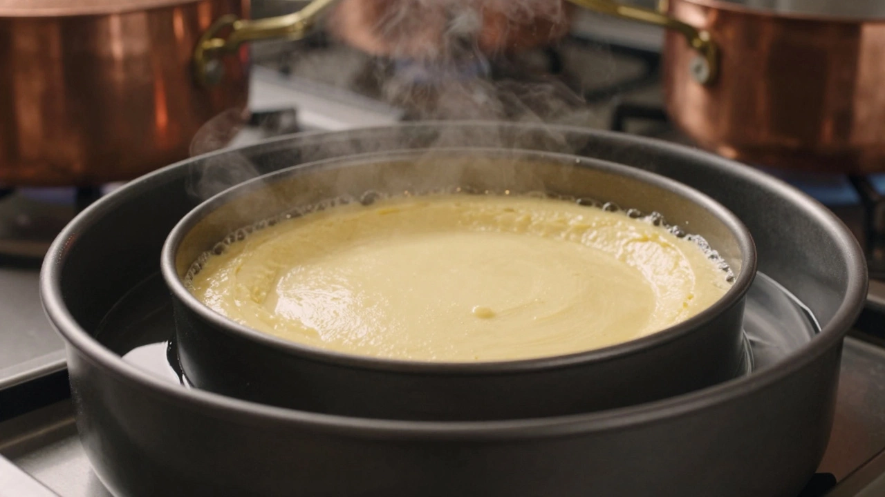 A cheesecake in a springform pan baking in a water bath inside a professional oven.