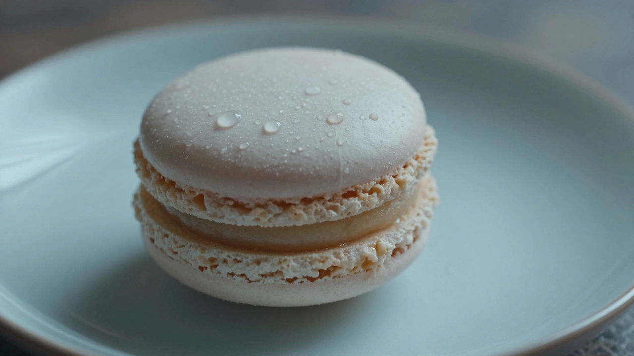 A close-up of a macaron thawing with tiny water droplets on its shell.