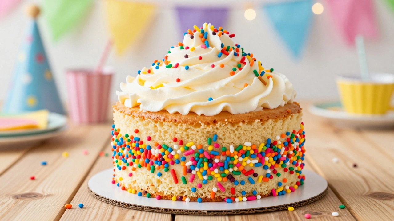 A festive Funfetti cake with colorful sprinkles on a wooden party table