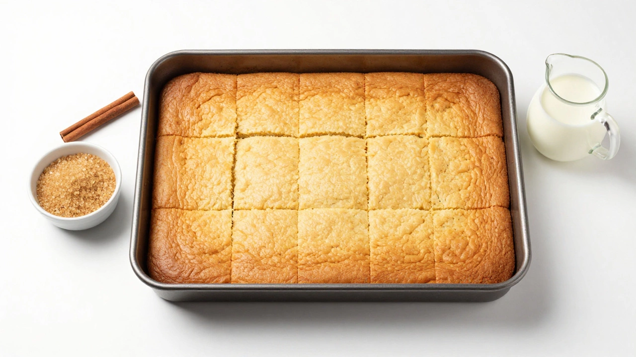 A large rectangular comfort cake sliced into many small squares with baking ingredients nearby.