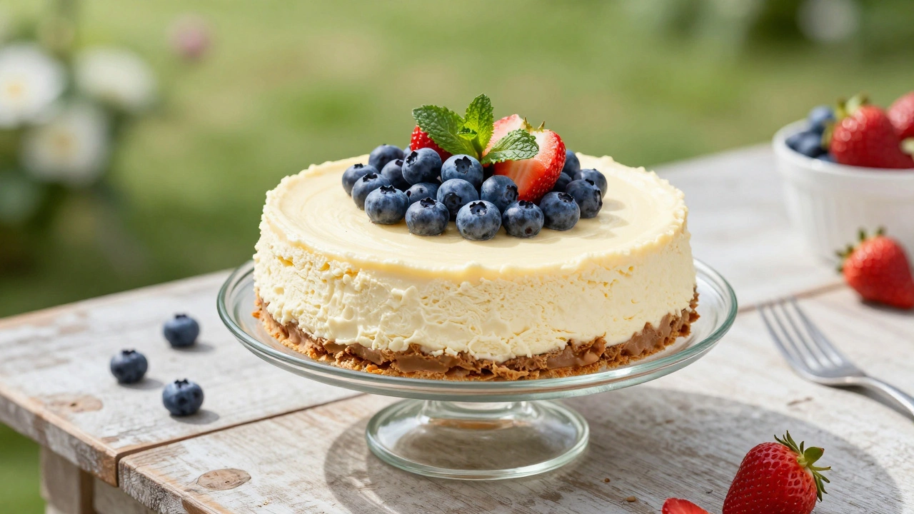 A light no-bake cheesecake topped with fresh berries and mint leaves.