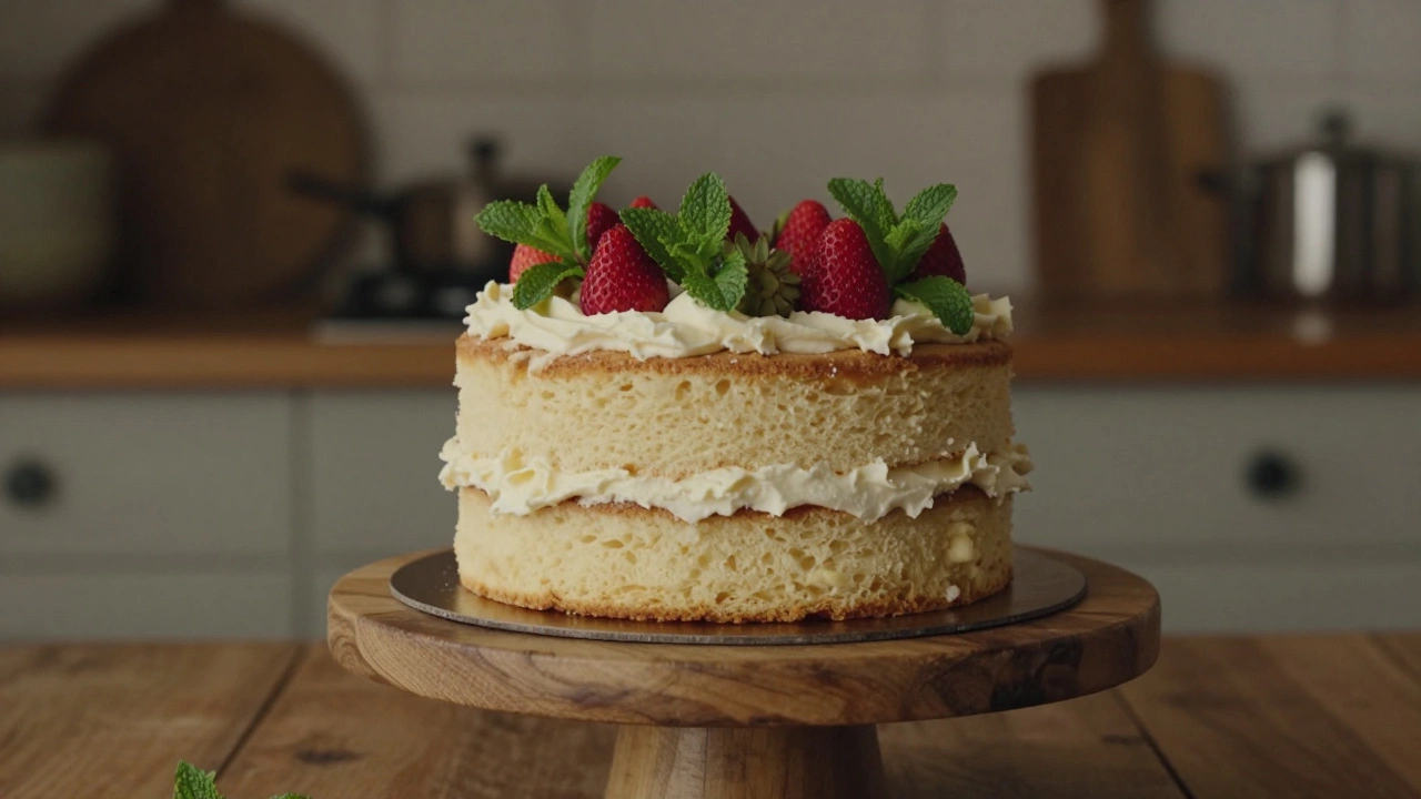 A rustic naked cake with exposed layers topped with fresh strawberries and mint leaves.