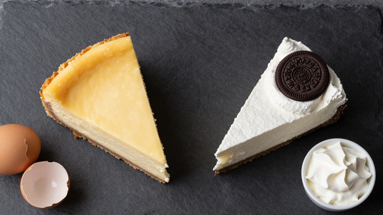 A side-by-side comparison of a dense baked cheesecake slice and a fluffy no-bake slice.