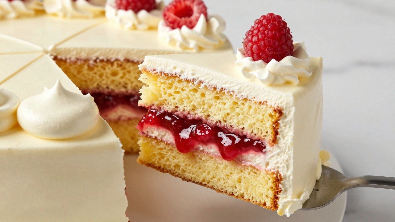 A slice of lemon raspberry cake with jam filling and smooth buttercream frosting