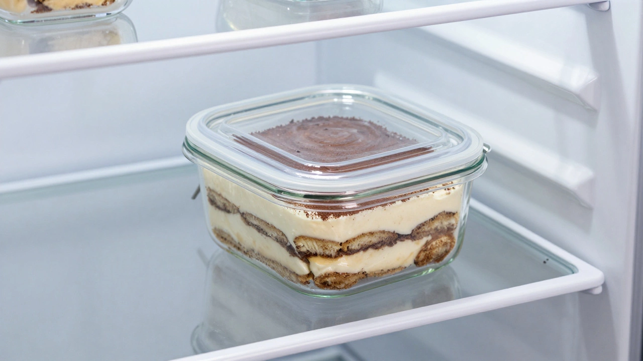 A tiramisu dessert stored in an airtight glass container on a refrigerator shelf.