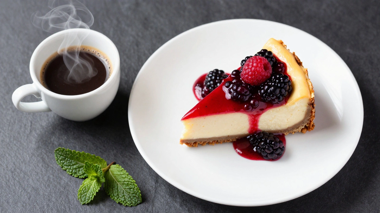 Biltmore cheesecake topped with berry compote and served with a cup of black espresso.