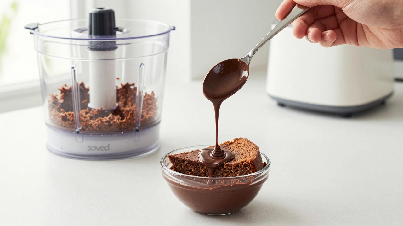Chocolate ganache sauce being drizzled over a cake slice next to a bowl of fudge crumbs.