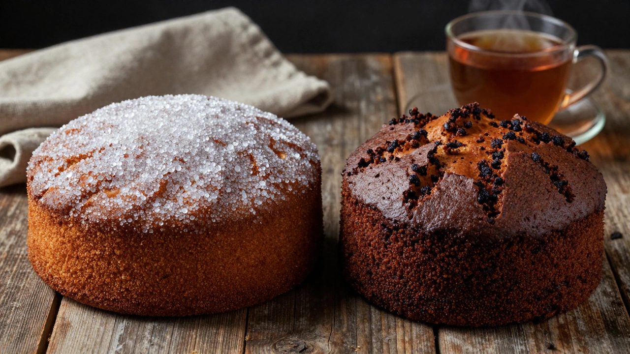 Close-up comparison of a sugar-coated Southern funeral cake and a dark UK spice cake.