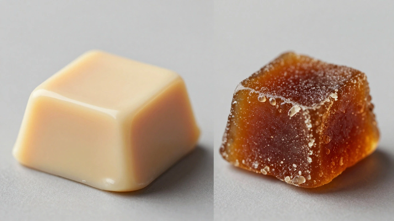 Comparison between a piece of smooth creamy fudge and a piece of hard brittle overcooked candy.